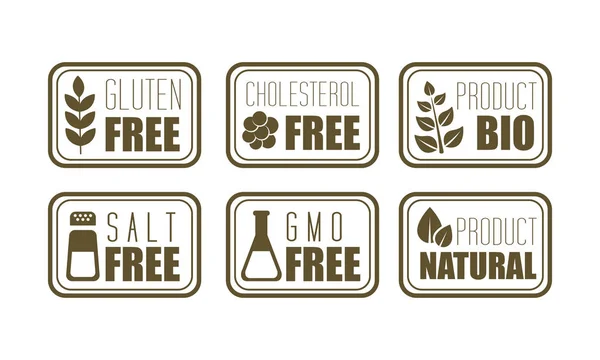 Conjunto vetorial de 6 emblemas livres de alérgenos glúten, colesterol, sal, OGM. Símbolo do produto natural. Intolerância alimentar — Vetor de Stock