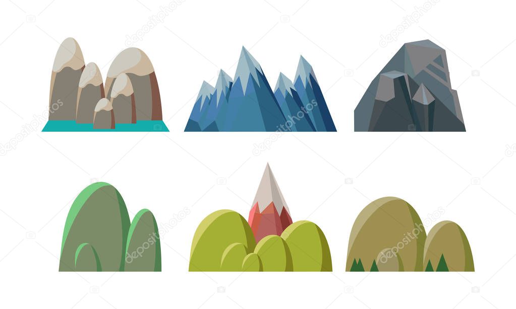 Flat vector set of colorful hills and rocky mountains. Nature landscape elements of mobile game