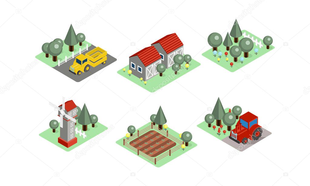 Vector set of isometric farm icons. Tractors, field with harvest, wooden barns, windmill and garden. Agricultural compositions