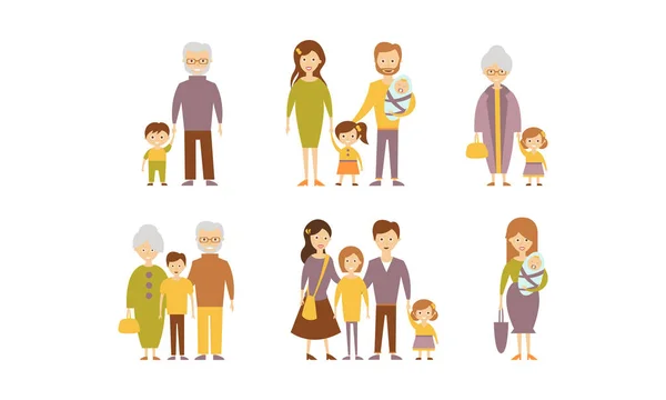 Set vettoriale piatto di famiglie. Genitori con figli, nonne e nonni con nipoti. Personaggi dei cartoni animati — Vettoriale Stock