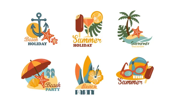 与暑期主题有关的标志的平面向量集。沙滩派对海报元素 — 图库矢量图片