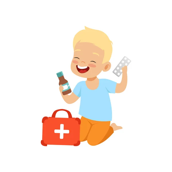 Niño jugando con suministros médicos, niño en situación peligrosa vector Ilustración sobre un fondo blanco — Vector de stock
