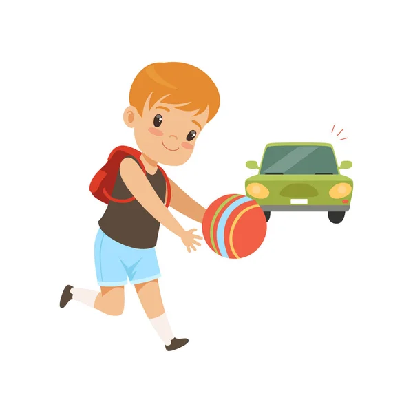 Boy playing ball in front of moving car, kid in dangerous situation vector Illustration on a white background — Stock Vector