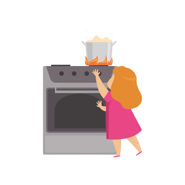 Little girl playing in the kitchen with hot saucepan, kid in dangerous situation vector Illustration on a white background — Stock Vector