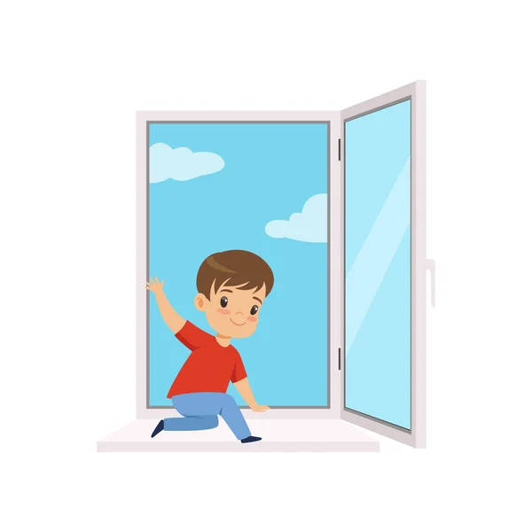 Μικρό αγόρι παίζει με ένα ανοικτό παράθυρο, παιδί σε επικίνδυνη κατάσταση διανυσματικά εικονογράφηση σε λευκό φόντο — Διανυσματικό Αρχείο