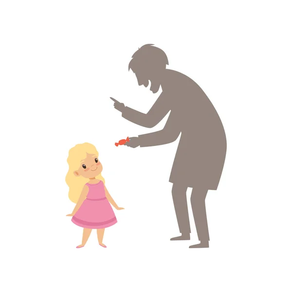 Extraño sospechoso ofreciendo un caramelo a una niña, niño en situación peligrosa vector Ilustración sobre un fondo blanco — Vector de stock