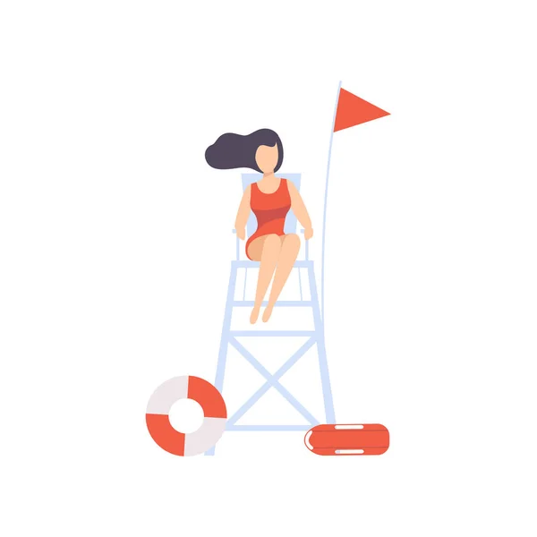 Ženské plavčík sedí na vyhlídkovou věž, postava profesionální záchranář pracuje na pláži vektorové ilustrace na bílém pozadí. — Stockový vektor