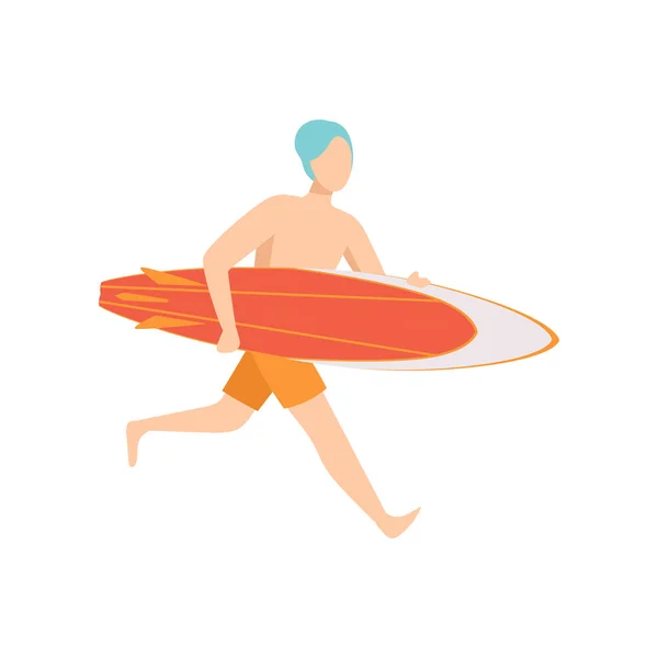 Salvavidas masculino corriendo con tabla de surf, personaje rescatador profesional trabajando en el vector de la playa Ilustración sobre un fondo blanco — Vector de stock