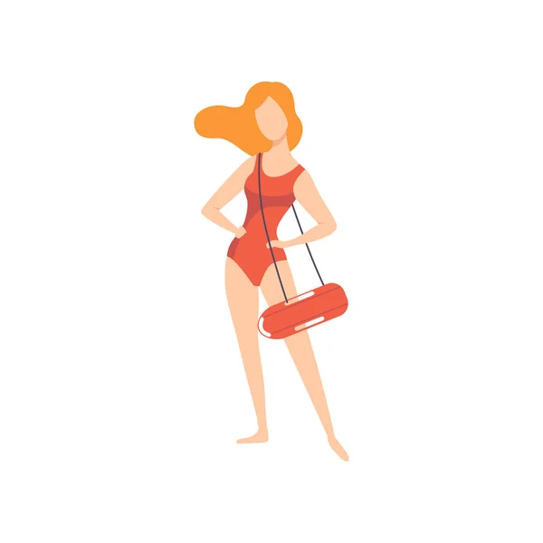 Női életmentő a piros fürdőruha álló úszógumi, bója, szakmai segélynyújtó karakter dolgozik a strand vektoros illusztráció egy fehér háttér — Stock Vector