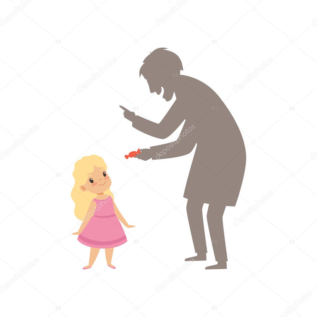 Suspicious stranger offering a candy to a little girl, kid in dangerous situation vector Illustration on a white background