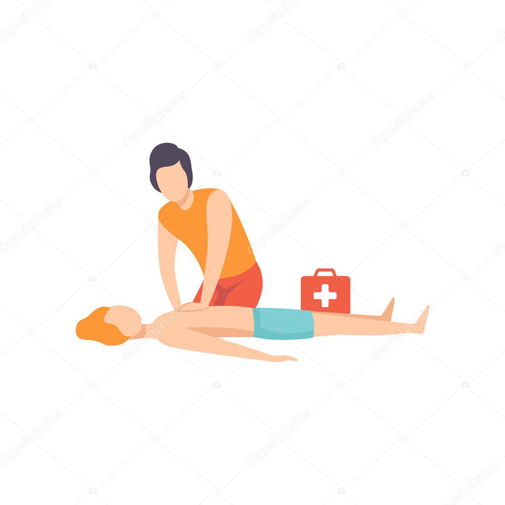Male lifeguard providing first aid to a drowning man, professional rescuer character working on the beach vector Illustration on a white background