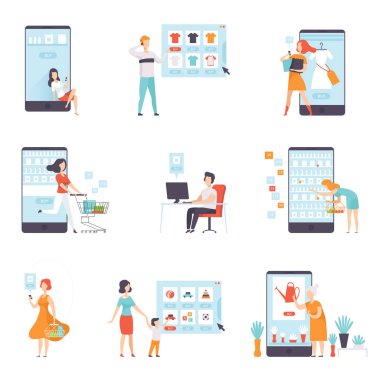 İnsanlar bying urun bir online mağaza hazır, internet alışveriş ve teslimat kavramı üzerinde beyaz bir arka plan illüstrasyon vektör