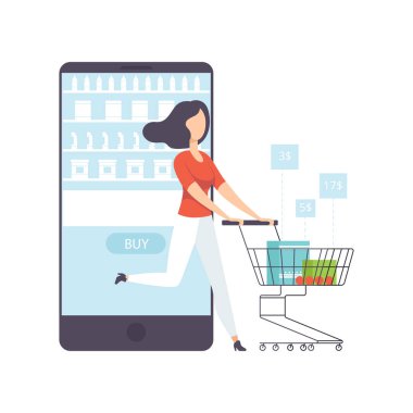 Genç kadın bying ürünleri çevrimiçi bir mağazadan bir akıllı telefon, internet alışveriş ve teslimat kavramı kullanarak üzerinde beyaz bir arka plan illüstrasyon vektör