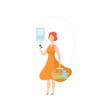 Kadın bir smartphone, alışveriş online internet alışveriş ve teslimat kavramı beyaz bir arka plan üzerinde vektör çizim