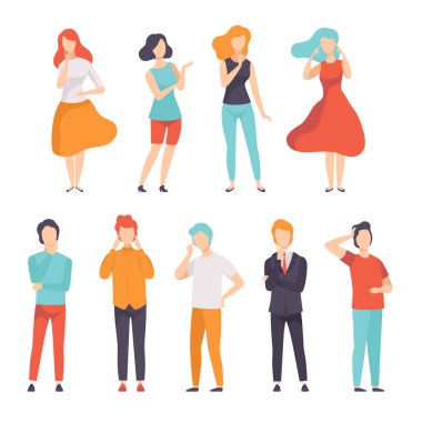 İnsanların düşünme veya küme, genç erkek ve kadın bir şey düşünme üzerinde beyaz bir arka plan illüstrasyon vektör karar verme