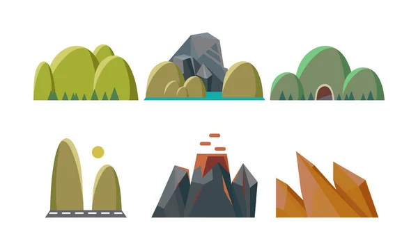 Conjunto vetorial plano de colinas verdes e montanhas rochosas. Natureza elementos paisagísticos para jogo móvel ou livro de crianças — Vetor de Stock