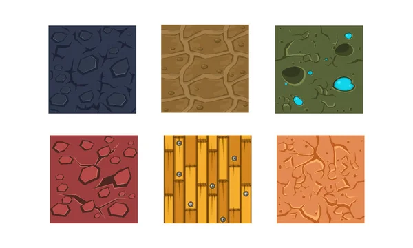 Conjunto vetorial plano de 6 texturas e materiais para jogo móvel. Madeira, solo seco, chão com rachaduras. Diferentes padrões sem costura — Vetor de Stock