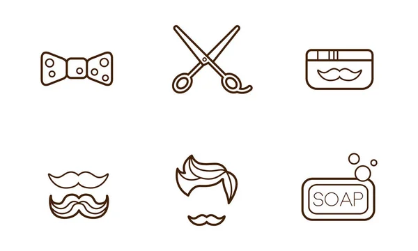 Vector set van lineaire kapper winkel iconen. ' Bow-tie, schaar, zeep, pot wax, stijlvol kapsel en snor — Stockvector