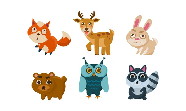 Flat vector set of cute animals. Deer, red fox, bunny, bear, owl and raccoon. Cartoon characters of forest creatures — Stock Vector