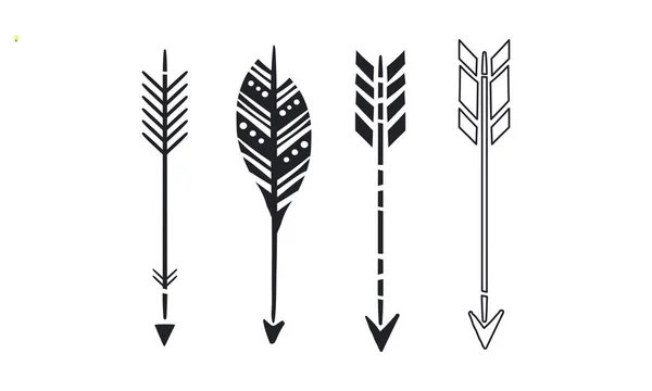 Set de 4 flechas negras dibujadas a mano. Iconos de estilo hipster simples. Elementos vectoriales para tarjeta de visita, libro o postal — Vector de stock