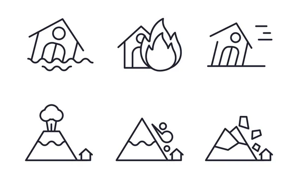 Natural disaster icons set, flood, fire, hurricane, volcanic eruption, rockfall, snow avalanche vector Illustration on a white background — Stock Vector