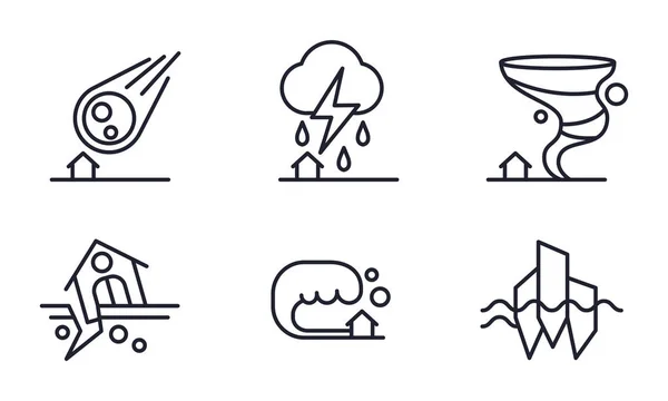 Conjunto de iconos de desastres naturales, caída de meteoritos, tormenta eléctrica, huracán, terremoto, vector de tsunami Ilustración sobre fondo blanco — Archivo Imágenes Vectoriales