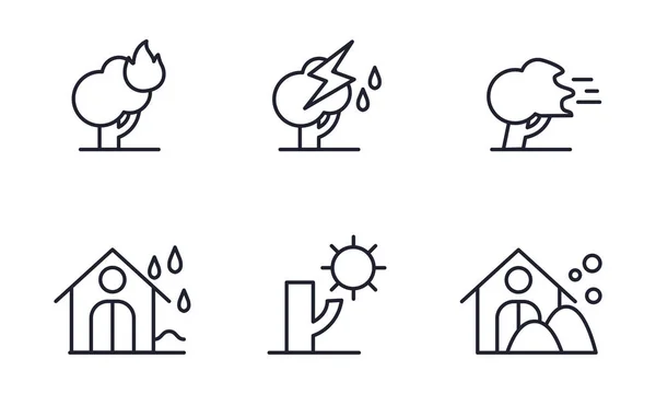 Natural disaster icons set, forest fire, thunderstorm, storm, rain, drought, snowfall vector Illustration on a white background — Stock Vector