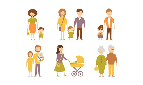 Olika familjer set, mor, far, son, dotter, far-och morföräldrar vektor Illustration på vit bakgrund — Stock vektor