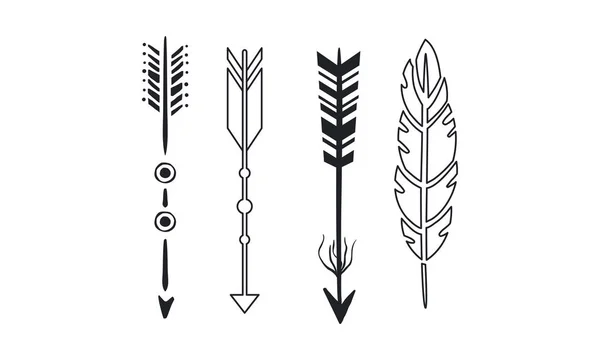 Tribal pijlen set, zwarte vintage pijlen en veren vector illustraties op een witte achtergrond — Stockvector