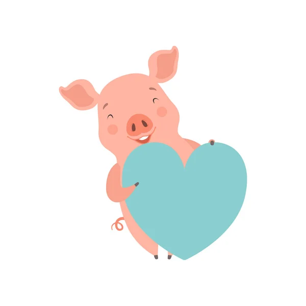 Lindo cerdito feliz con corazón azul claro, divertido vector de personajes de dibujos animados de cerdo Ilustración sobre un fondo blanco — Vector de stock