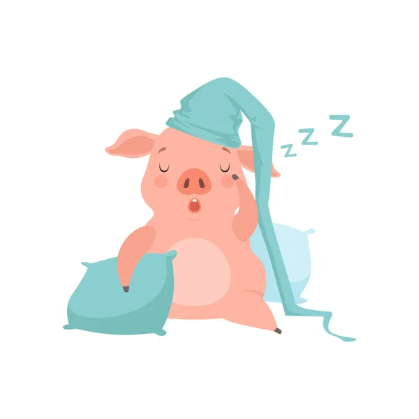 Babi kecil lucu dengan topi tidur biru muda yang tidur di bantal, kartun lucu karakter vektor Ilustrasi pada latar belakang putih - Stok Vektor