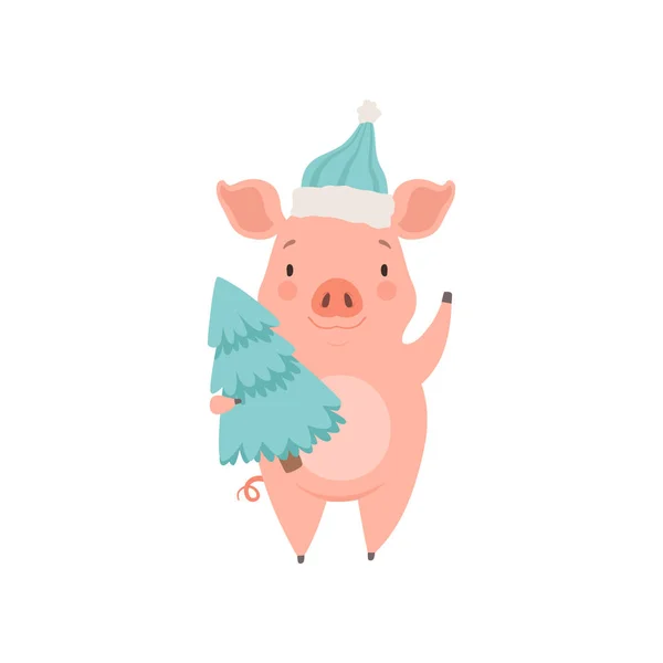 Niedliches kleines Schwein mit Weihnachtsmütze, stehend mit Tannenbaum, lustige Ferkel-Zeichentrickfigur Vektor-Illustration auf weißem Hintergrund — Stockvektor
