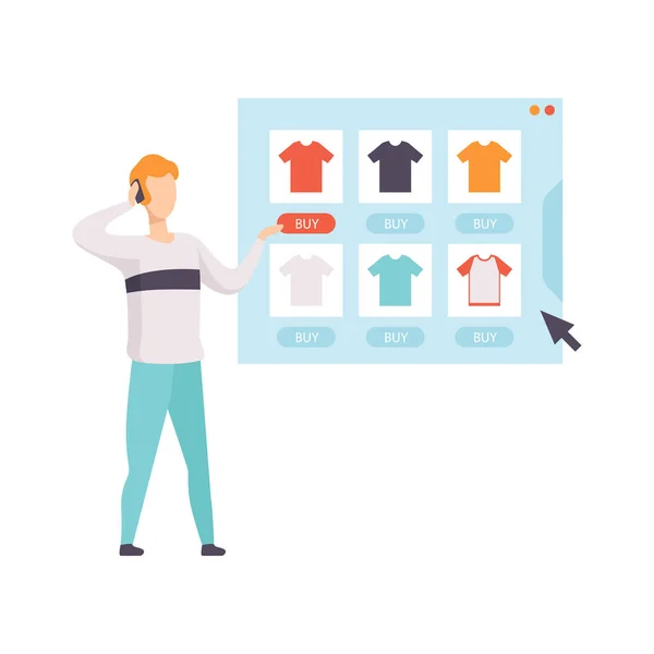 Young man choosing and bying a shirt from an online store, internet shopping and delivery concept vector Illustration on a white background