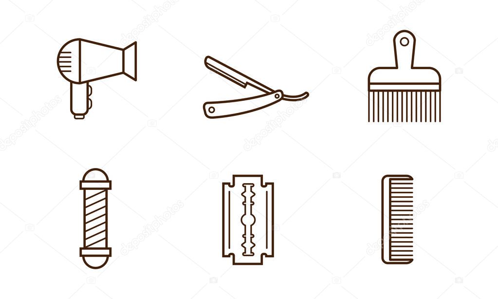 Vector set of barbershop objects. Hair dryer, blade, comb, manual razor and barber pole. Linear icons