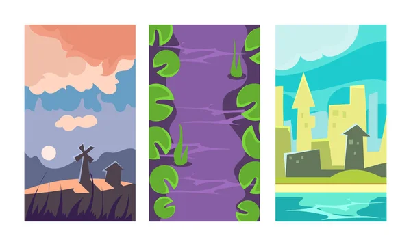 Conjunto de vector plano de 3 fondos verticales para el juego móvil en línea. Escena de dibujos animados con molino de viento, río púrpura y paisaje urbano — Vector de stock