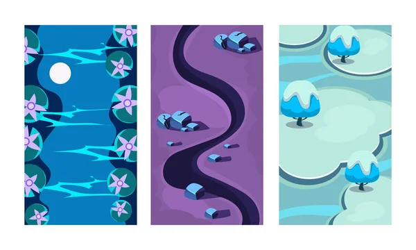Conjunto de vector plano de 3 fondos verticales para el juego móvil en línea. Escenas de dibujos animados con río azul, sendero oscuro e islas de hielo — Vector de stock