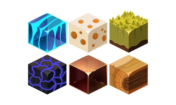 Ensemble vectoriel de 6 blocs isométriques de dessin animé pour jeux mobiles ou informatiques. Actifs de jeu. Cubes avec différentes textures — Image vectorielle