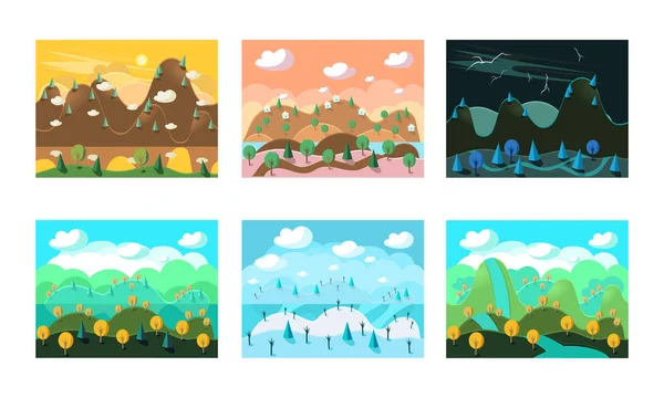 Conjunto de vectores planos de fondos sin costura para juegos o aplicaciones móviles. Paisajes naturales con montañas, bosques y colinas — Vector de stock