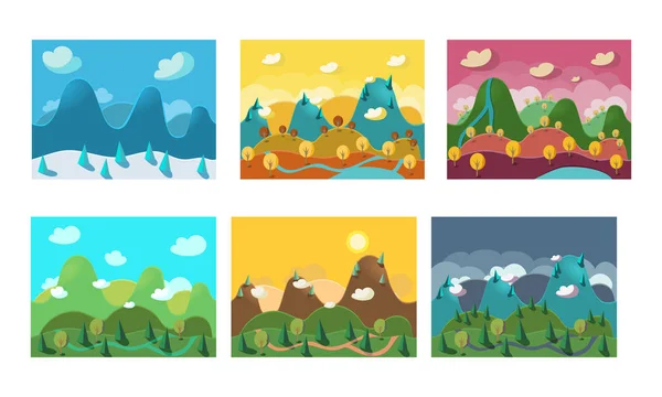 Platte vector set van naadloze landschappen met bergen, heuvels en bossen. Natuur achtergronden voor website of mobiele spel — Stockvector