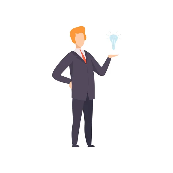 Geschäftsmann mit Glühbirne, erfolgreicher Geschäftscharakter mit Ideenvektorillustration auf weißem Hintergrund — Stockvektor