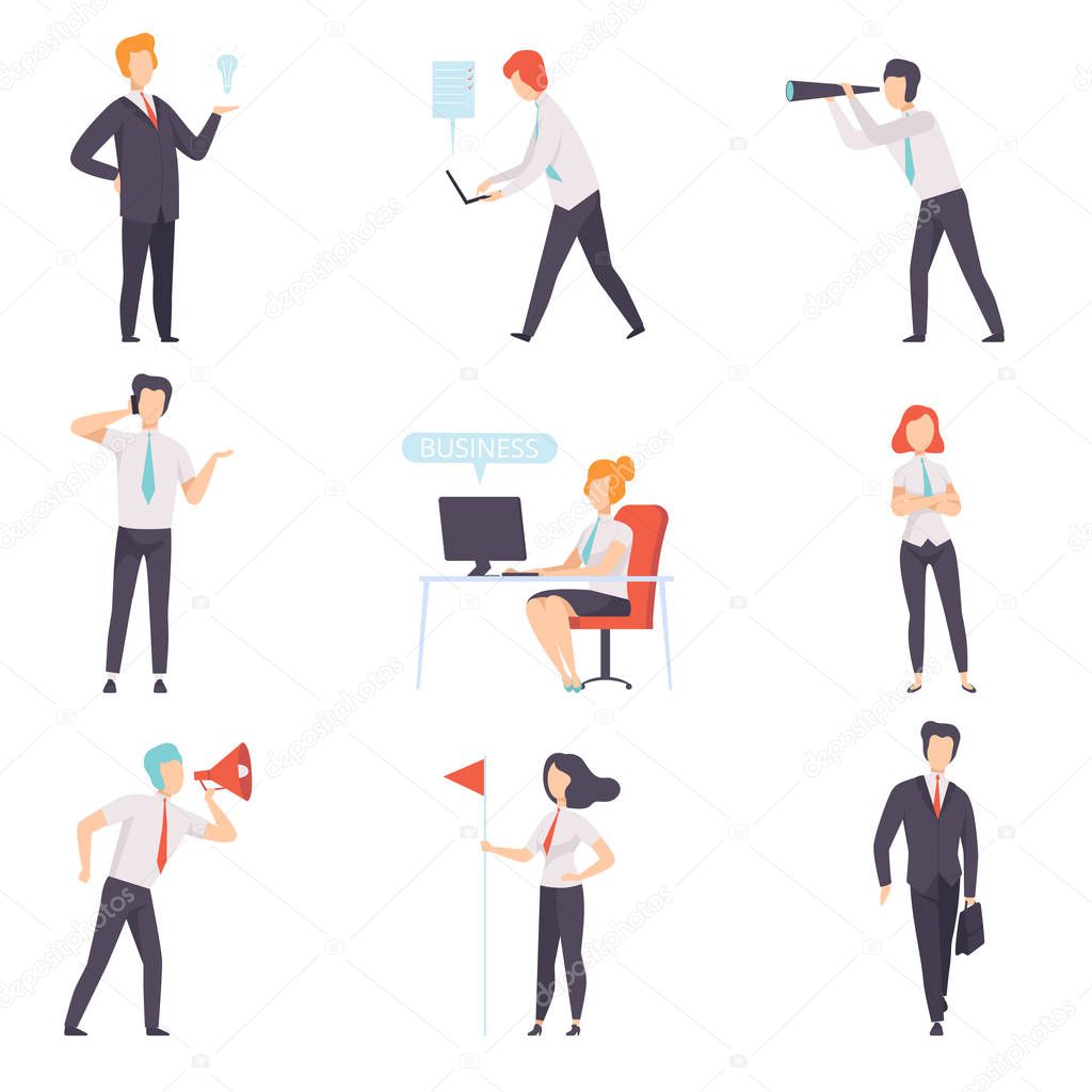 Businessmen and businesswoman set, successful business characters at work in office vector Illustration on a white background