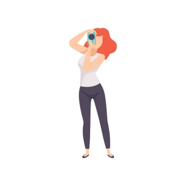 Genç kadın fotoğraf çekimi, fotoğraf kamera vektör çizim üzerinde beyaz bir arka plan ile alarak kız