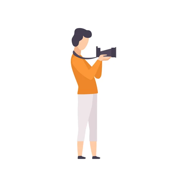 Male photographer working with camera, guy taking photo with camera vector Illustration on a white background — Stock Vector