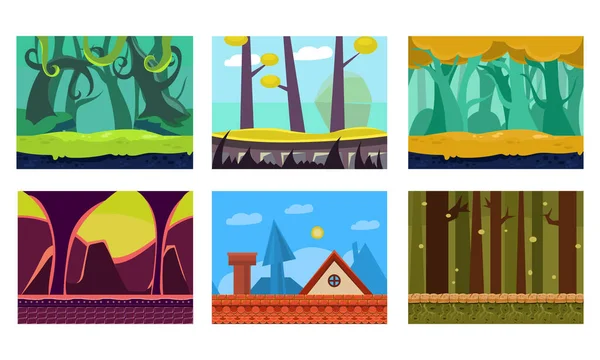 Conjunto de vectores planos de 6 escenas para el juego móvil. Fondos de dibujos animados con selvas verdes, techo de la casa, bosque fantástico y mazmorra — Archivo Imágenes Vectoriales