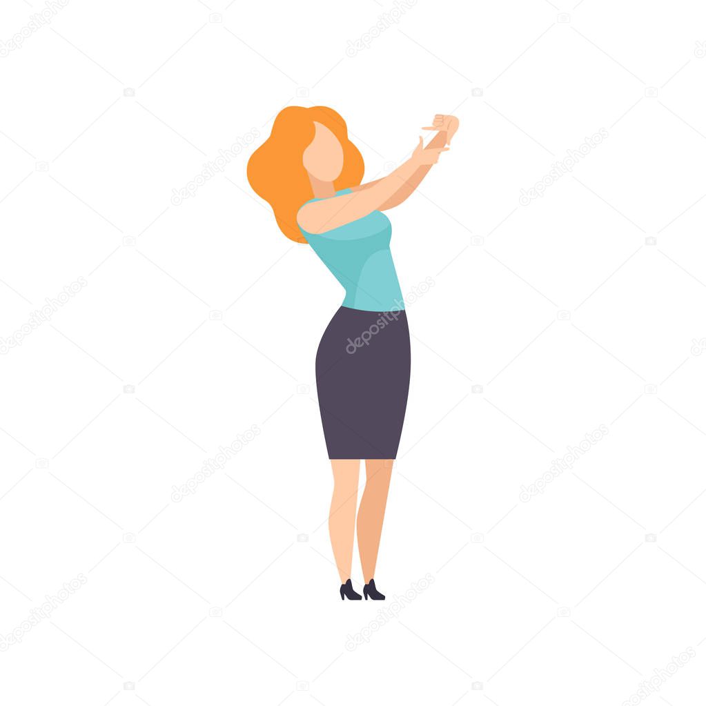 Woman making frame as a focus for photo with her fingers, girl gesturing for cropping image vector Illustration on a white background