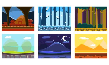 6 kesintisiz arka planlar video oyun için düz vektör kümesi. Ormanlar, dağlar, piramitleri ile çöl. Karikatür manzara