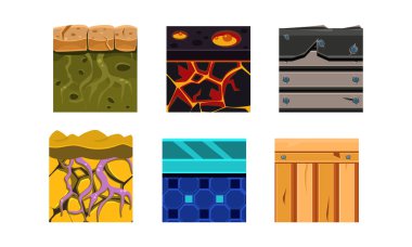 Düz vektör 6 kesintisiz dokular online mobil oyunlar için ayarlayın. Toprak, odun ve lav. Renkli Dikişsiz desen