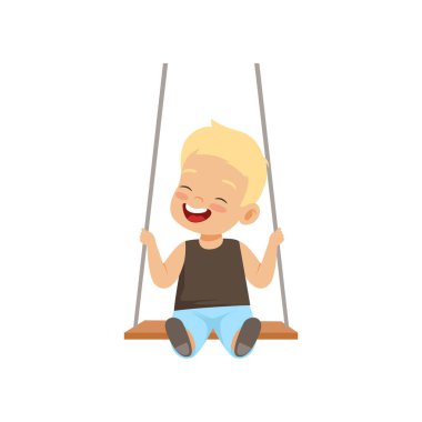 Küçük çocuk beyaz bir arka plan üzerinde salıncak vektör çizim eğleniyor bir ip salıncakta sallanan mutlu boy gülümseyerek