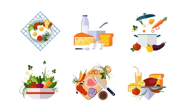 Sada zdravé biopotraviny, dietní menu, mléčné výrobky, zelenina a masných výrobků vektorové ilustrace na bílém pozadí — Stockový vektor