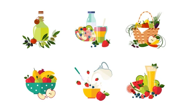 Healthy dishes from organic vegetables and fruits set, vegetarian menu vector Illustration on a white background